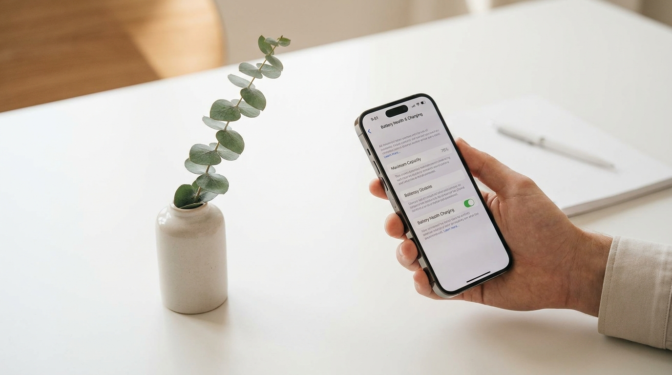 An iPhone showing its Battery Health screen on a bright desk